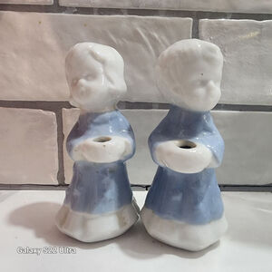 Vintage Blue & White Ceramic Choir Girl and Boy Figurines Candle Holders